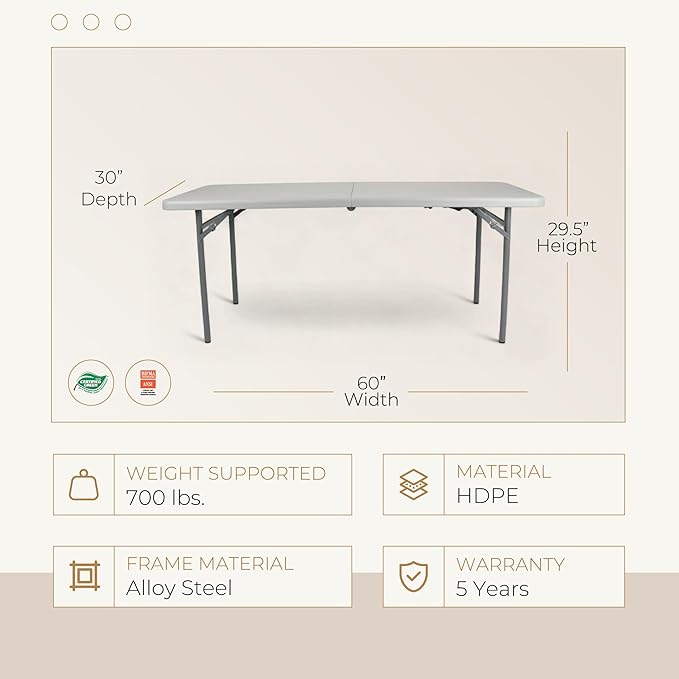 OEF Furnishings OEFCMFIH3060 Rectangular Commercial-Grade Premium Industrial Fold-in-Half Blow-Molded Folding Table with 18-Gauge Steel Frame and Thick Top (Rectangle, 30" × 60", Speckled Gray Top)
