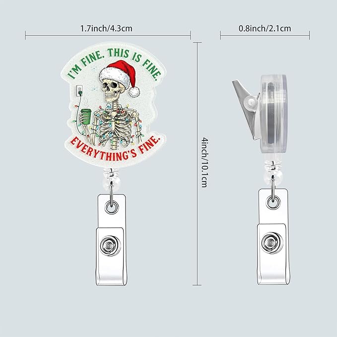 Badge Clips Retractable, Christmas Skeleton Badge Reel with Alligator Clip, Glitter Acrylic Id Badge Holder for Nurse, RN, LPN, CNA (Christmas)