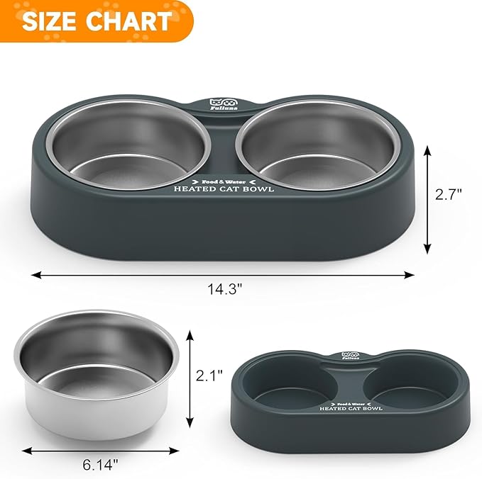 Heated Cat Bowl, Outdoor Heated Pet Bowls with Double Stainless Steel Bowl 24 OZ, Water Food Bowls for Cat Pet, Provide Drinkable Water and Hot Food in Winter