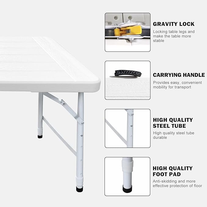 Folding Table, 4FT/6 FT Foldable Table with Carrying Handle, Steel Legs Heavy Duty Portable Utility Table for Party, Dining, Wedding, Events, Picnic Indoor, Outdoor, Camping
