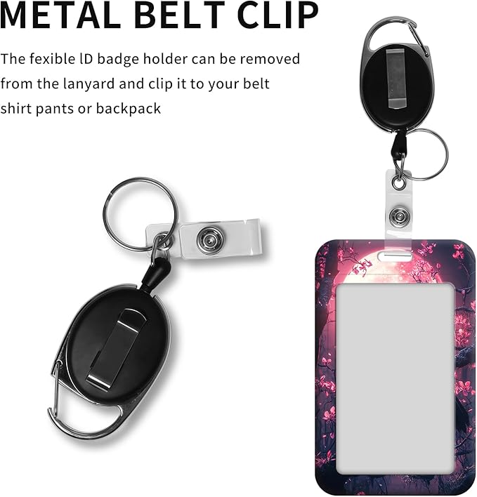ID Badge Holder with Retractable Lanyard for Women & Men,Vertical ID Card Holder Wallet,Clear Window&Card Slot,Detachable Neck Strap for Nurse Teacher Office,Raven Pink Moon Blossoms