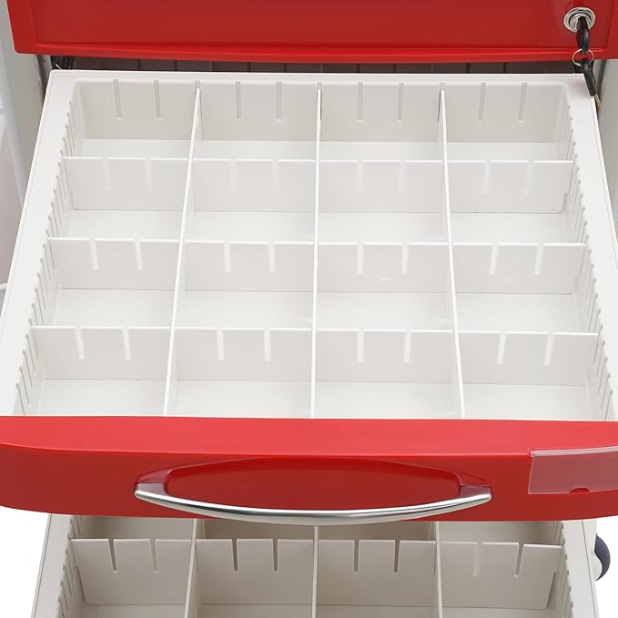 Rolling Crash Cart with Drawers & Adjustable IV Pole, Silent Casters, Needle Disposal Holder, Trash Bin, O2 Holder, Utility Trolley Cart for Clinic, Hospital, Salon, Lab, Load 176 Lbs (Red)