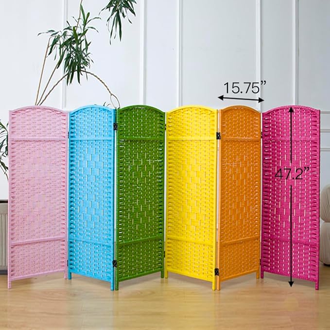 6 Panel Rattan Divider Short Room Partition Screen,Double Sided Folding Divider for Room Separation,Colorful,47.2" H x 94.5" W