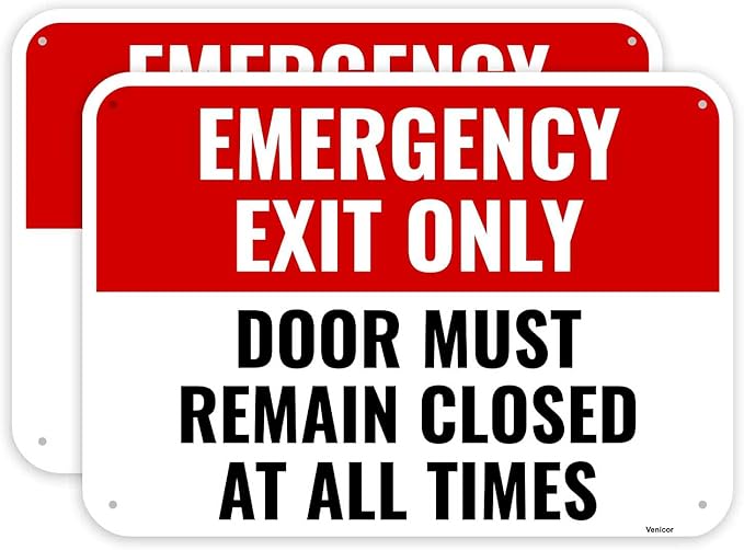 2PC Emergency Exit Only Sign, 14 x 10 Inches - Aluminum - Door Must Remain Closed At All Times