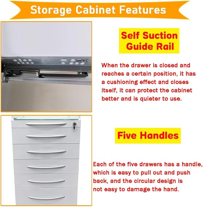 Dental Assistant's Mobile Cabinet 5 Drawer Office File Storage Cart Mobile Utility Storage Cart Stainless Steel Moving Side Cabinet with 2 Pallets Lock Wheels for Dental Medical Office