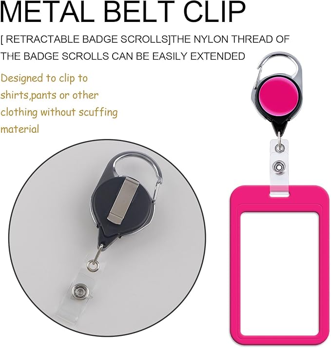 Pink Retractable Badge Holder with Carabiner Clip, Heavy Duty ID Card Holder for Work, School & Events, Simple Card Sleeve for Girls, Teacher, Women