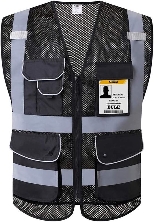 JKSafety 9 Pockets High Visibility Zipper Front Safety Vest With Reflective Strips,HQ Breathable Mesh, Oxford Fabric for pocket materials. Black Meets ANSI/ISEA Standards (XX-Large, 110-Black)