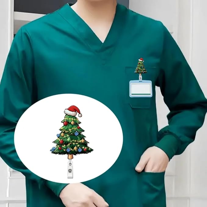 Christmas Tree Badge Holder Christmas Badge Reel Xmas Tree Badge Reels with Light String Hat Design Retractable ID Name Badge Alligator Clip for Nurse Student Teacher Office Decoration Party Favors