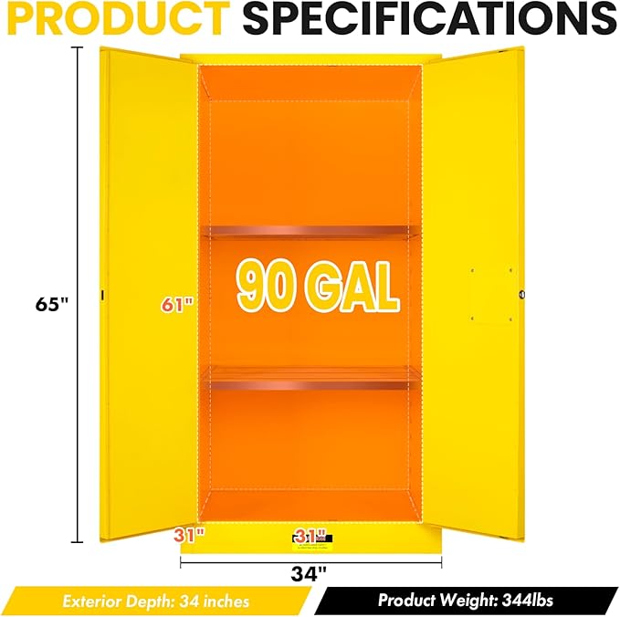 EQUCKKY Flammable Storage Cabinet 34"x34"x65", 90 Gallon Chemical Safety Cabinet with Adjustable Shelf, Thickened Galvanized Steel Fireproof Cabinet for Flammable Liquids, Industrial & Commercial Use