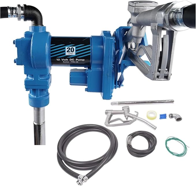 20 GPM 12 Volt Fuel Transfer Pump High Flow DC Transfer Pump Gasoline Pump for Transfer of Gasoline, Diesel, Kerosene, Ethanol & Methanol Blends & Biodiesel, with Discharge Hose & Manual Nozzle, Blue