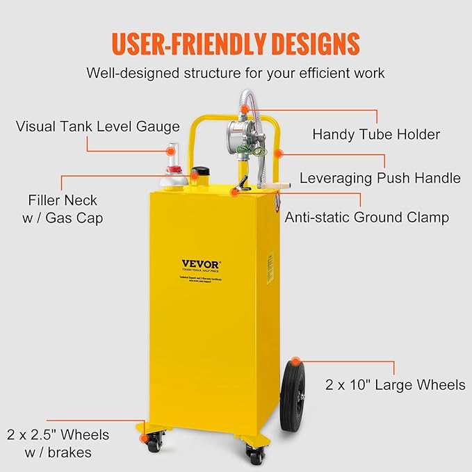 VEVOR Fuel Caddy, 35 Gallon, Gas Storage Tank on 4 Wheels, with Manual Transfer Pump, Gasoline Diesel Fuel Container for Cars, Lawn Mowers, ATVs, Boats, More, Yellow