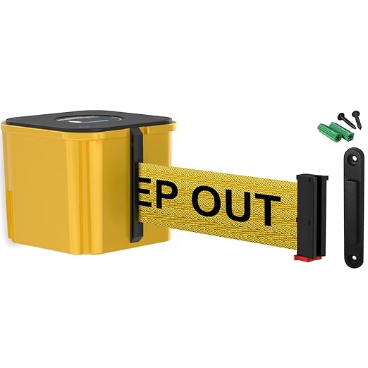 WM412 Retractable Belt Wall Mounted Yellow Crowd Control Barrier and Receiving End, 30' Danger Keep Out Belt