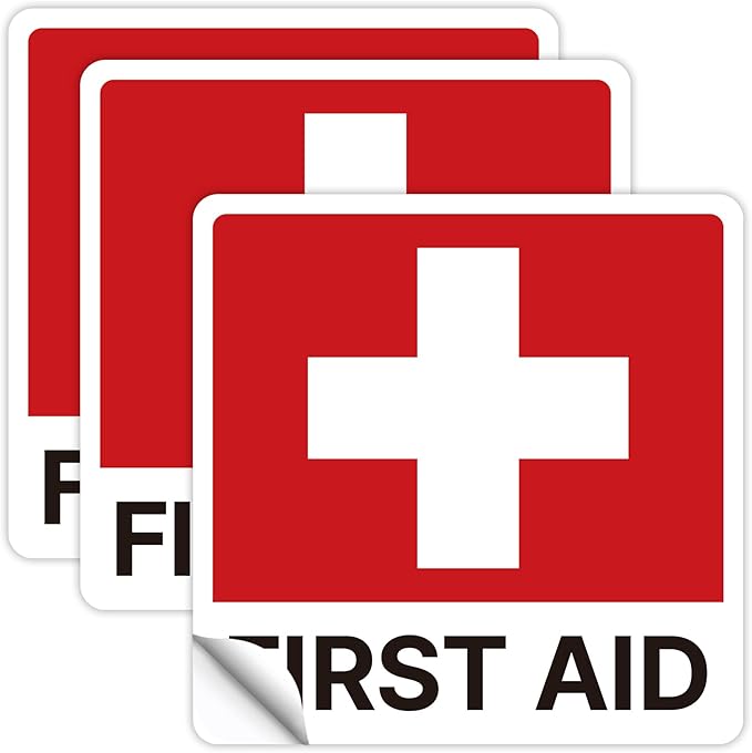 3PCS First Aid Sign Sticker for Home，Self-Adhesive Waterproof First Aid Decals for First Aid Boxes, Emergency First Aid Kit Supplies for Car, Office or Business 5.5''x5.5''