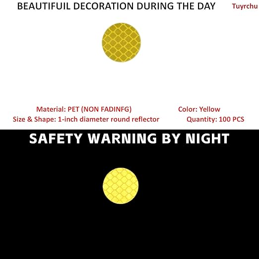 Non Fading Yellow Reflective Stickers 1-inch Diameter Round Reflector, Outdoor Waterproof High Visibility Warning Adhesive Tape (100 Pcs)