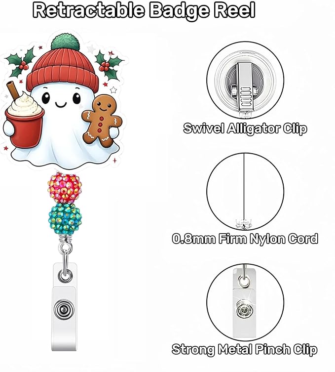 Retractable Christmas Badge Reel Funny Ghost Badge Holder with Bead Gingerbread Man Holly Leaves ID Name Tag with Alligator Clip Xmas Decorative Acrylic Badge Clip for Nurse Volunteer Student Staff
