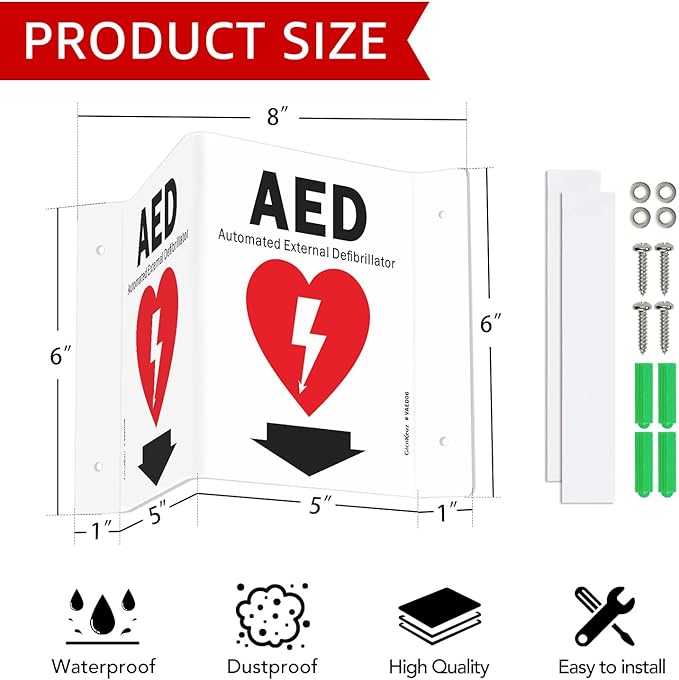 GicnKeuz AED Sign for Wall, 8" x 6" AED Signs with Symbol, Two-Sided Acrylic V-Signs for Business or Office or Home or Wall Décor, Including Screws, Easy to Install (2 Pack)