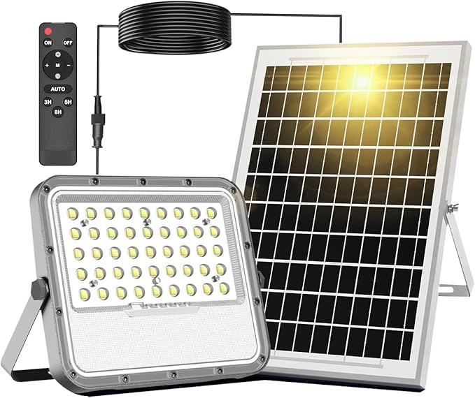 100W Solar Lights Outdoor 10000LM LED Automatic Light with 10000mAh Battery, IP65 Waterproof Outside Solar Powered Security Flood Light and 8.2ft Cable with Remote Control for Pathway, Patio & Yard