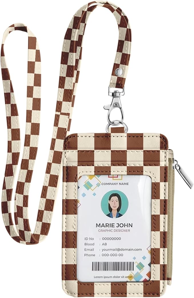 bolimoss Checkered Lanyard with Wallet, Badge Holder with Zipper Coin Pouch 5 Card Slots,Zip Id Case Wallet with Breakaway Lanyard for Cards, Cash, Key