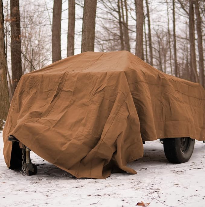 WHITEDUCK Canvas Tarp 18 oz. Heavy Duty Waterproof UV Resistant, Rustproof Grommets, Industrial & Commercial Use Cloth Tarp (Cut Size: 8'x10', Finished Size: 7'6"x9'6", Tan)