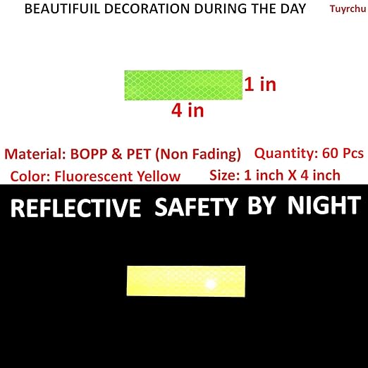 Fluorescent Reflective Stickers 1 inch X 4 inch, Outdoor Waterproof High Visibility Warning Safety Adhesive Reflector (60 Pcs)