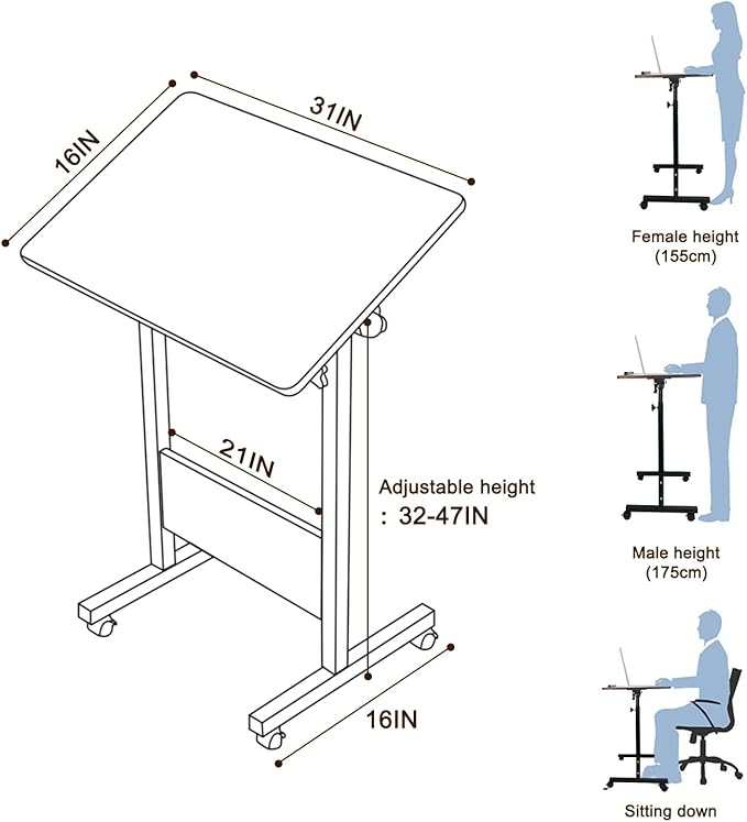 KOUPA Adjustable Height Standing Desk, Writable Tempered Glass Desktop with Eraser, 360° Flip, Wheels – Ideal for Small Spaces and Home Offices, 31 in, White(Adjustable Height: 32-47 in)