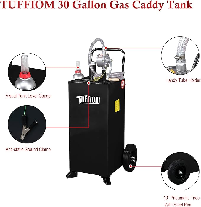 TUFFIOM 30 Gallon Fuel Gas Caddy w/Wheels & Manual Siphon Pump, Portable Diesel Fuel Transfer Storage Tank w/8.9ft Hose, Gasoline Can Container for ATV Car Mowers Tractor Boat Motorcycle