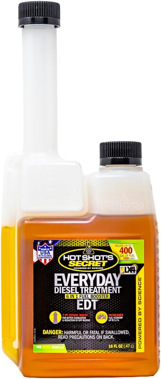 Hot Shot's Secret Everyday Diesel Treatment 16 oz. Squeeze Bottle 2 Pack, 6-in-1 Diesel Additive - Injector Cleaner, Fuel System Cleaner, Fuel Additive Boosts Cetane, Packaging May Vary