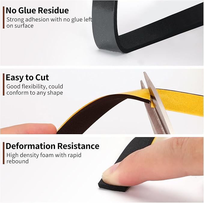 Yotache Thin Foam Tape Weather Stripping (.50) 1/2 Inch Wide x 1/16 Inch Thick (New Adhesive Craft), Seal Gasket for Speaker, Door Insulation, Soundproofing, Rattle, 33 Ft Length