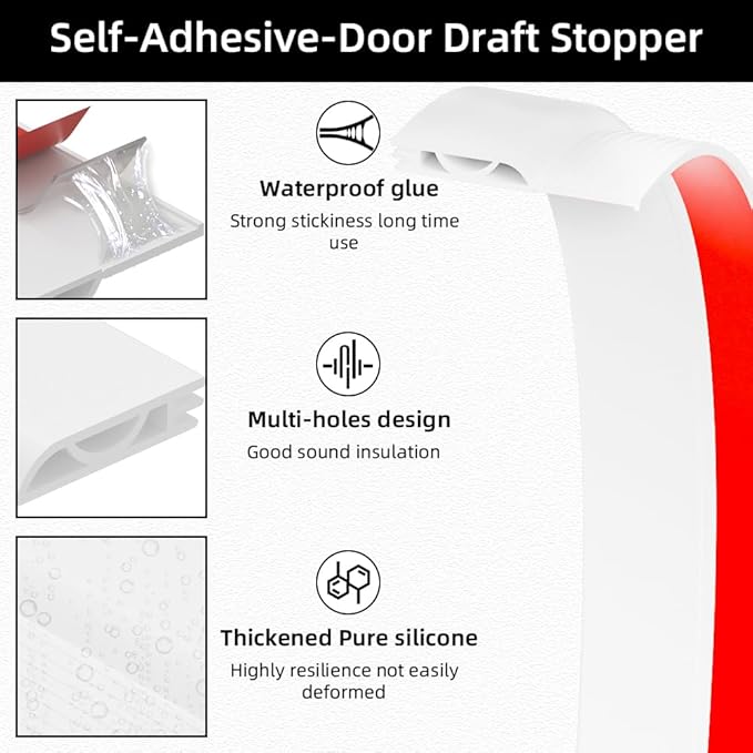 Door Draft Stopper for Bottom of Door, Adjustable Weather Stripping Door Seal for Cold Insulation, Under Door Sweep for Exterior & Interior Doors, Door Bottom Seal Blocker Noise (39inch,White)
