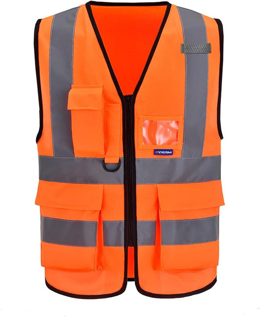 A-SAFETY Orange High Visibility Safety Vest Reflective,3M Multi Pockets Working Vest Working Uniform Zipper Front ANSI/ISEA Standards 7 Pockets Class 2,Large