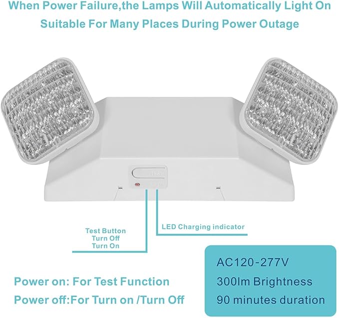 AKT LIGHTING Commercial Emergency Light, UL Certified, White Emergency Light Fixture with 2 LED Square Heads Adjustable & Backup Batteries Exit Lighting Pack of 12