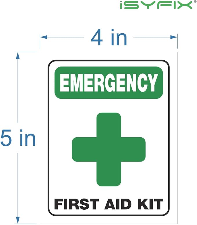iSYFIX Emergency First Aid Kit Signs Stickers for Home, Schools & Business - 6 Pack 4x5 Inch - Premium Self-Adhesive Vinyl, Laminated UV, Weather, Scratch, Water and Fade Resistance, Indoor & Outdoor