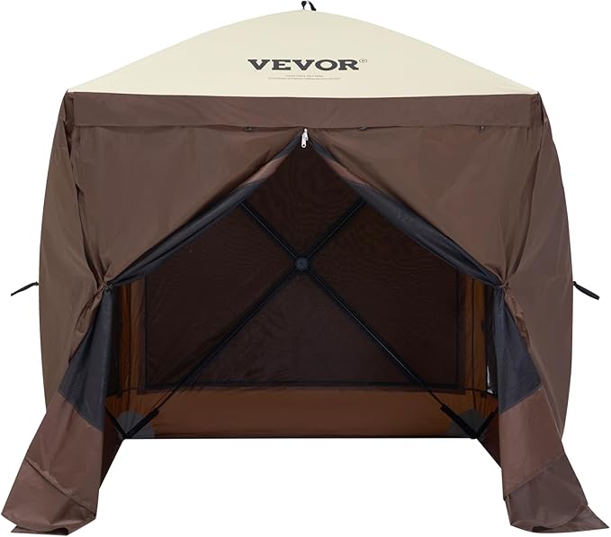 VEVOR Pop Up Gazebo Tent, Pop-Up Screen Tents 4 Sided Canopy Sun Shelter with 4 Removable Privacy Wind Cloths & Mesh Windows, 6x6FT Quick Set Screen Tent with Mosquito Netting, Brown