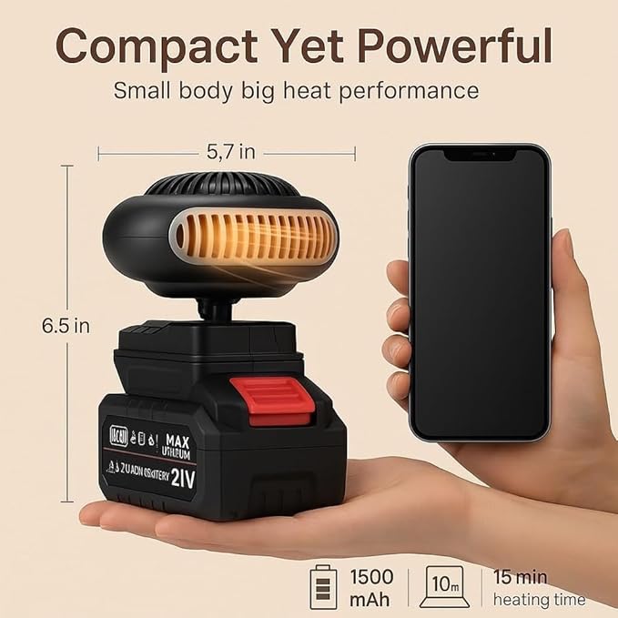 Portable Battery Powered Heater, 2026 New Battery Operated Heaters with 1/2PCS 1500mah Batteries, Anti Tilt Design Long Lasting Heatin for Camping, Car, Office, And Indoor Use(2*battery)