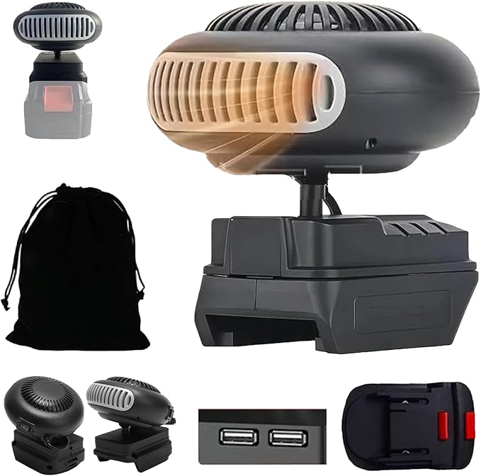 Battery Operated Heater, Battery Powered Heater, Universal 18-21V, Any Capacity Works, Ultra-Light/Rechargeable/Portable/360-Degree Adjustable with Dual USB, for Camping/Office/Indoor