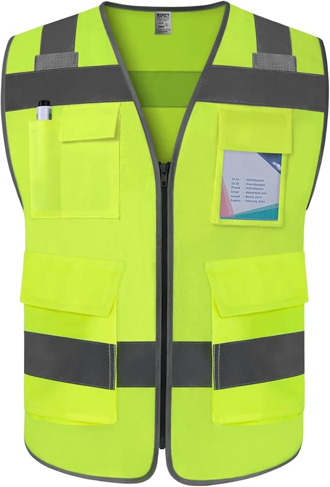 TCCFCCT Reflective Vest 5 Pockets Safety Vest for Men Women, High Visibility Surveyor Vest with Horizontal Strip for Walkie-talkie, Durable to Use, Meets ANSI/ISEA Standards, T5-Yellow, XL
