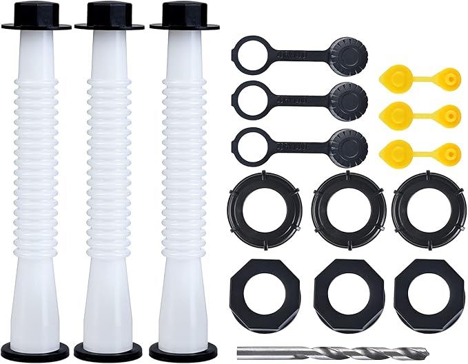 Gas Can Spout Replacement, Gas Can Nozzle Replacement (3 Kits-White). for 1/2/5/10 gallon gas cans. Upgraded replacement gas can spout with flexible nozzle, vent cap, thick rubber pad, spout cover