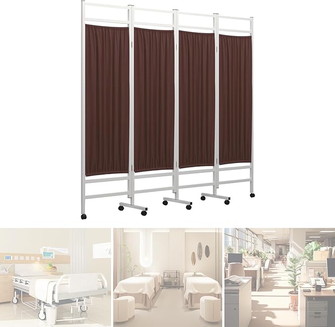 Medical Privacy Screen on Wheels, Foldable Medical Room Divider with Lockable casters, Waterproof Nylon Panel, Portable Privacy Screen for Room, Easy to Clean (Coffee 4 Panels)