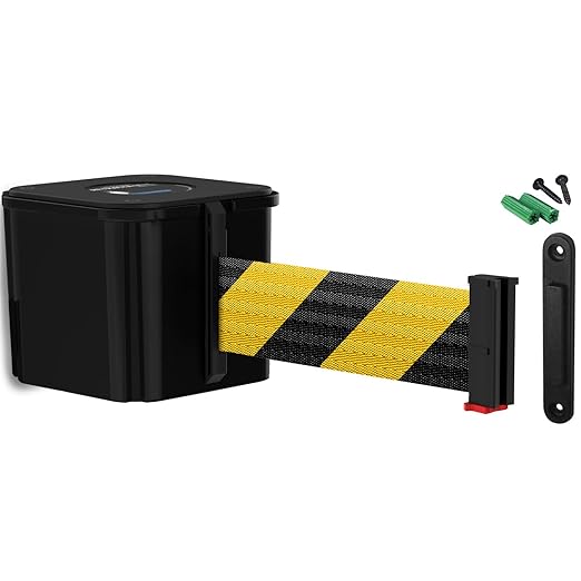 WM412 Retractable Belt Wall Mounted Smooth Black Crowd Control Barrier and Receiving End, 15' Black/Yellow Diagonal Belt