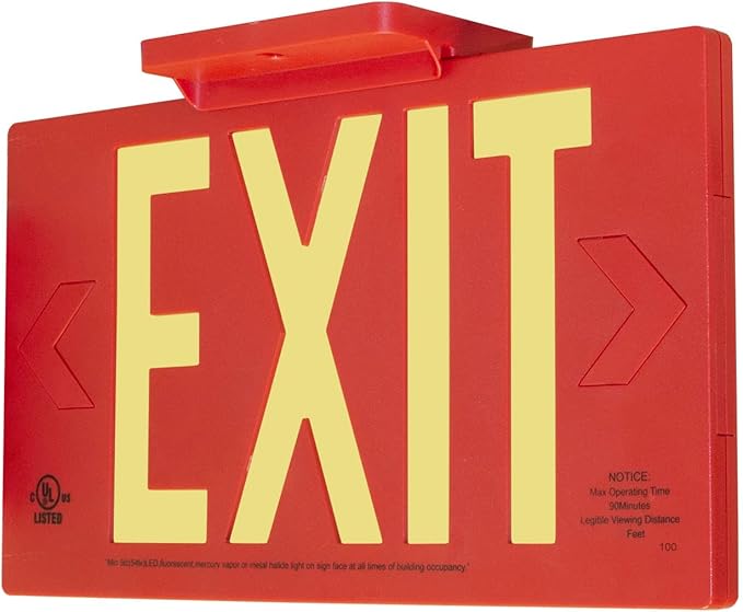 LFI Lights® UL 924 Listed 50’ Photoluminescent Exit Sign, Red Thermoplastic Housing, Double Sided, Wall, Ceiling or Side Mount, Optional Arrows, Glow in the Dark, No Power or Battery Needed, PA3R50D