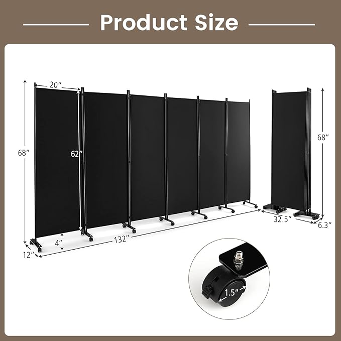 Giantex 6 Panel Room Divider, 132''W x 68''H Large Folding Privacy Screen, Rolling Partition Room Dividers for Home Office Studio Separation, Freestanding Fabric Wall Divider Screen on Wheels, Black