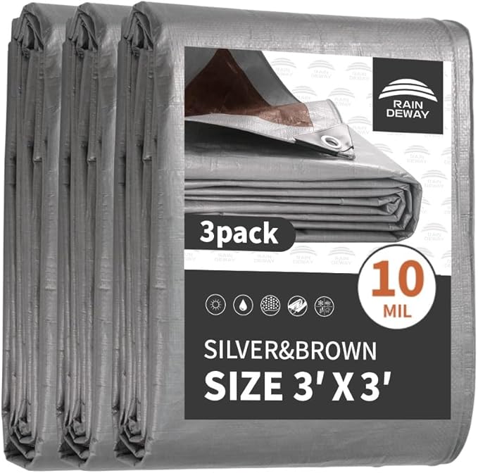 RAINDEWAY Tarps Heavy Duty Waterproof 3x3 Feet(3 Pack),10Mil Thick Multipurpose Poly Small Tarp Cover with Metal Grommets and Reinforced Edges,Silver/Brown Tarp