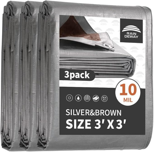 RAINDEWAY Tarps Heavy Duty Waterproof 3x3 Feet(3 Pack),10Mil Thick Multipurpose Poly Small Tarp Cover with Metal Grommets and Reinforced Edges,Silver/Brown Tarp
