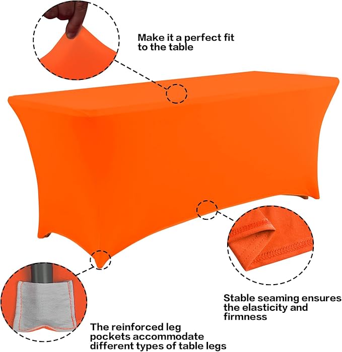 IVAPUPU 8FT Table Cloth for Rectangular Fitted Events Stretch Orange Table Covers Washable Cover Spandex Tablecloth Protector for Party, Wedding, Cocktail, Banquet, Festival