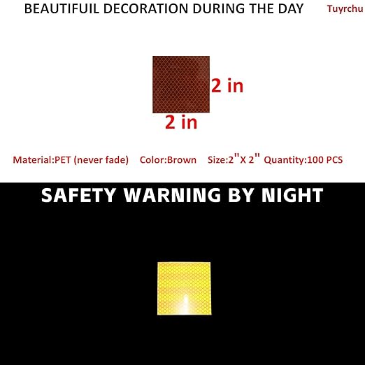 Non Fading Brown Reflective Stickers 2 inch X 2 inch, Outdoor Waterproof High Visibility Warning Safety Adhesive Reflector Tape (100 Pcs)