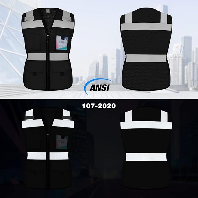 TCCFCCT Safety Vest for Women 11 Pockets Mesh Reflective Vest with Zipper, High Visibility Neon Construction Work Vest for Lady Surveyors/Warehouse, Snug-Fit, Durable, ANSI Compliant, Black XS