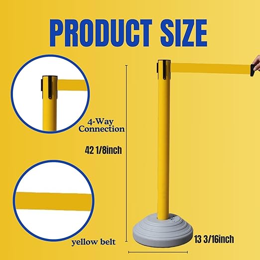 6 Pack 42Inch Crowd Control Stanchions with 10ft Yellow Retractable Belt Crowd Control Barriers 13 Inch Water-Filled Base Retractable Stanchions for Traffic Control (Yellow)