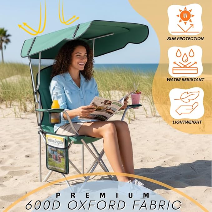 Portable Folding Camping Chairs with Canopy Shade, Beach Chair for Adults, Durable Weather Resistant 600D Oxford Cloth, Camping Chair with Canopy for Outdoors [Green-2 Pack]