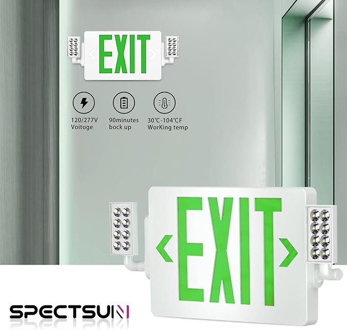 Spectsun 6 Packs Exit Signs with Emergency Lights,120-277VAC -LED Combo Emergency Light with Backup Battery-Double Face UL Listed Green Letter Exit Sign Lighting-Hard Wired-Fire Resistant