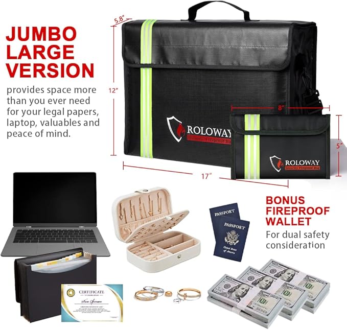 ROLOWAY Large (17 x 12 x 5.8 inches) Fireproof Bag with Reflective Strip, Water Resistant Fireproof Document Bag Safe for Money, Documents and Valuables Storage